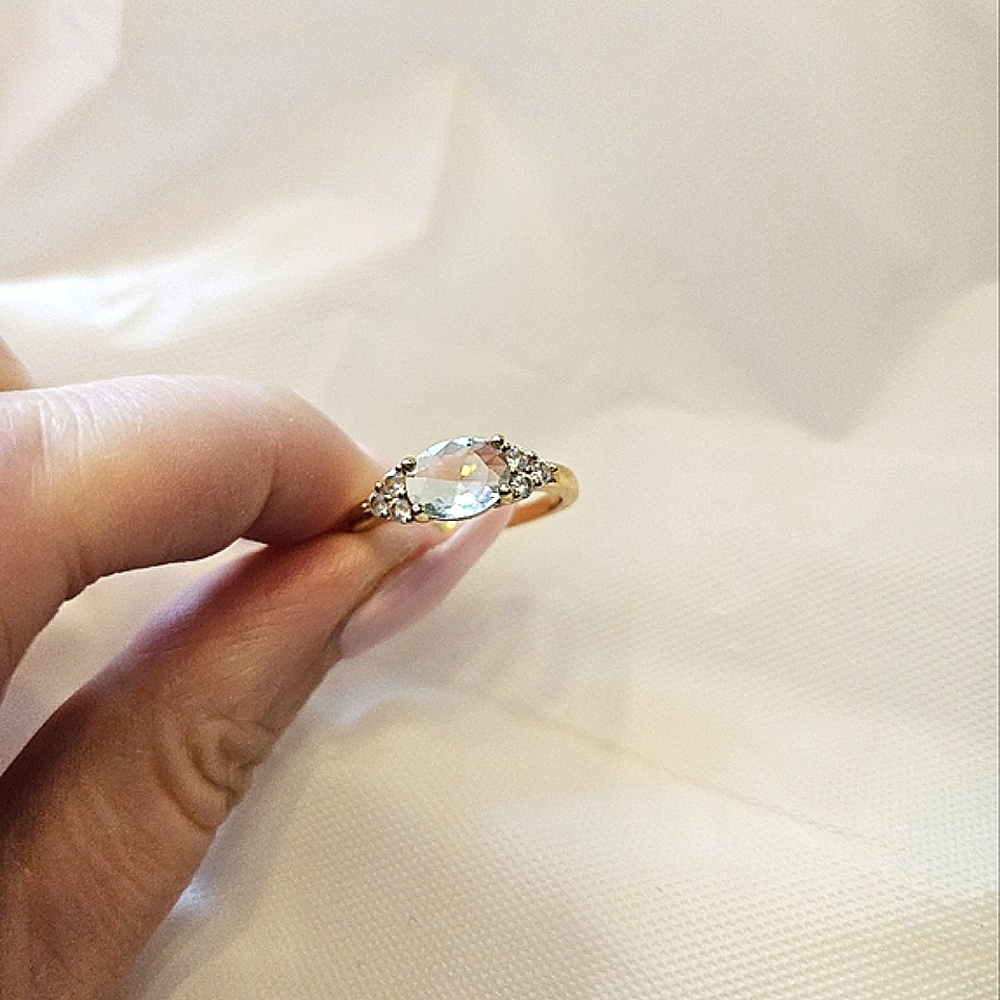 New Gold Plated Aquamarine & Cubic Zirconia Ring